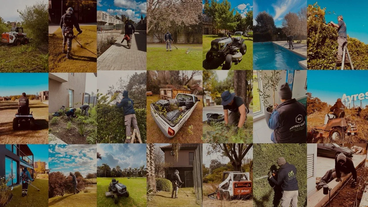 Collage de trabajos de Bayres Green: corte de césped, poda, desmalezado y mantenimiento de piletas